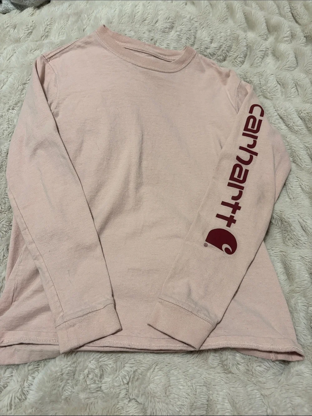 Carhartt Kids Long Sleeve Tee in Pale Pink with Maroon Logo